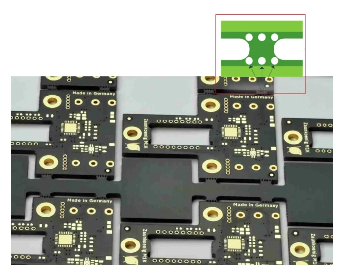 PCB irregular board panelization mouse bite tabs V-cut and CNC routing path diagram