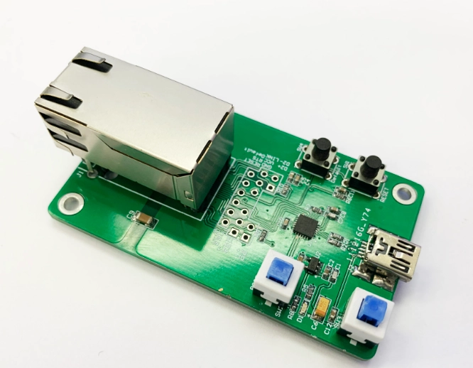 PCB narrow bridge with RJ45 USB and terminal block near board edge causing insertion force and edge stress concentration