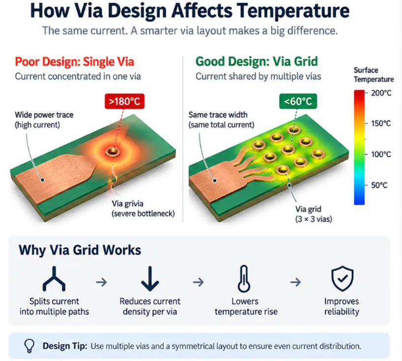 High-current PCB via array design comparison showing improved current distribution and reduced temperature compared with a single via