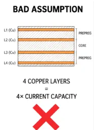 High-current PCB multilayer current distribution design showing unequal current paths across copper layers