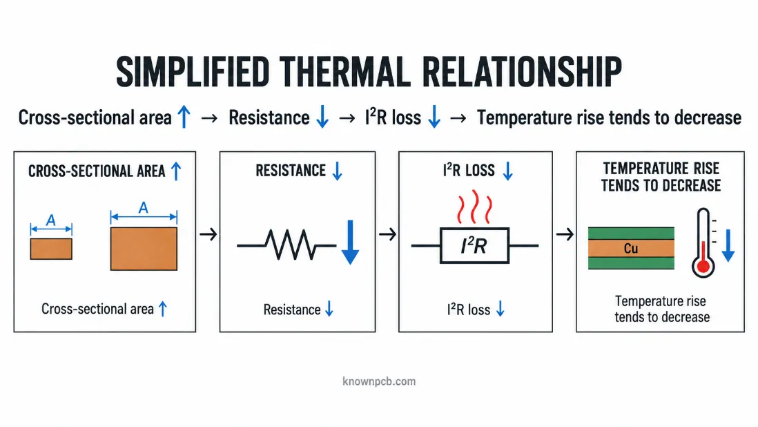 High-current PCB thermal relationship showing increased copper cross-sectional area reducing resistance, I squared R loss and conductor temperature rise