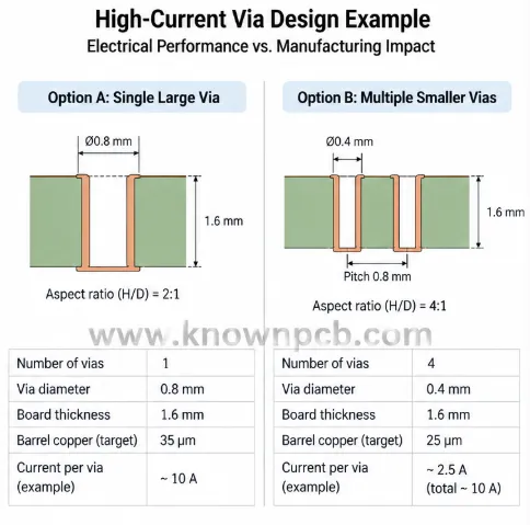 High-current PCB design choices including via diameter, board thickness, barrel copper thickness, via count and layout directly affect drilling, plating, inspection, process margin and manufacturing cost.