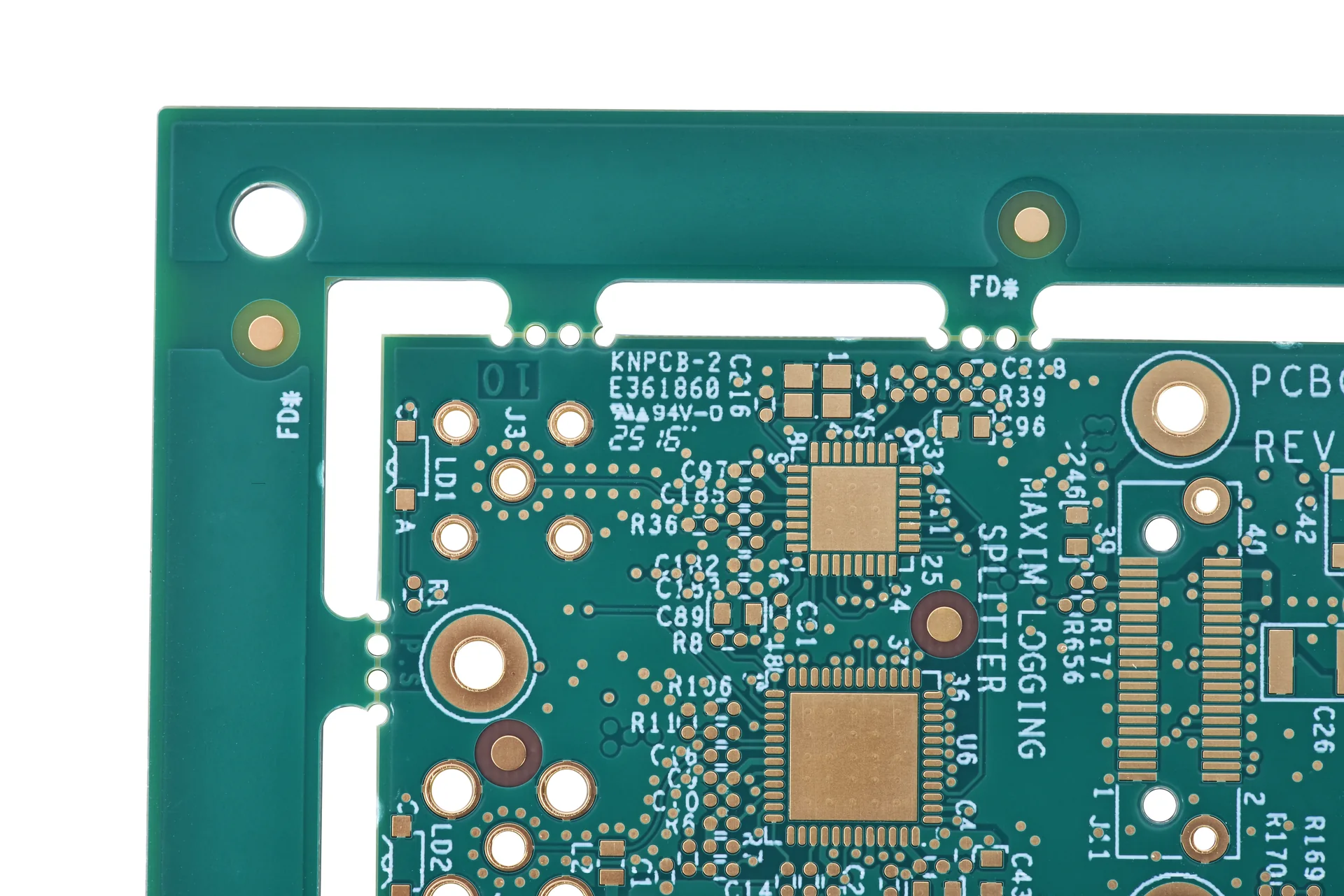 a green-solder-mask 10-layer it180 enig hdi pcb with fine-pitch pads, vias, and white legends A green-solder-mask 10-layer IT180 ENIG HDI PCB with fine-pitch pads, vias, and white legends