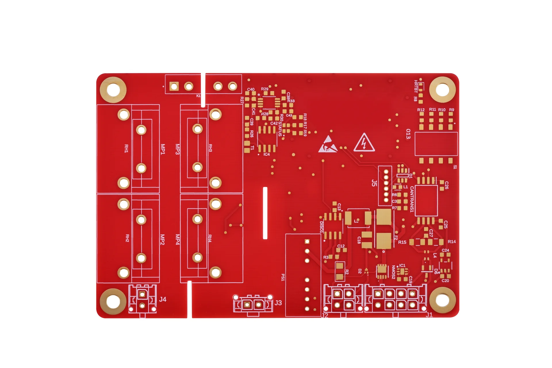 a red-solder-mask s1600 enig pcb with dense pads, component legends, and mounting holes A red-solder-mask S1600 ENIG PCB with dense pads, component legends, and mounting holes