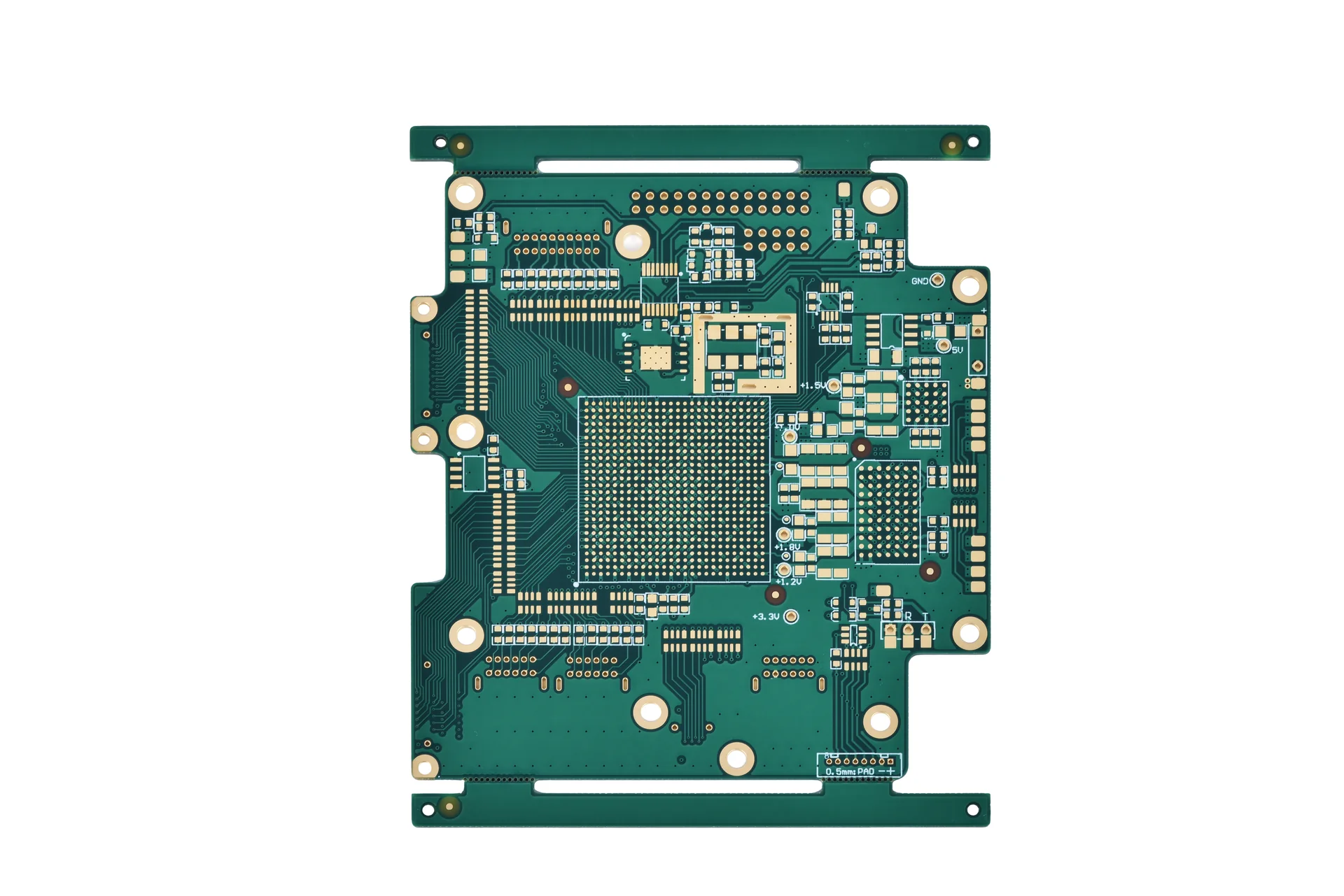 [8-layer-fr4-tg170-enig-pcb-01.webp](/Users/mac/Desktop/KnownPCB/素材1/产品图片/多层板/8层FR4+TG170沉金板/8-layer-fr4-tg170-enig-pcb-01.webp) A bare multilayer PCB showing pads, vias and its board outline.