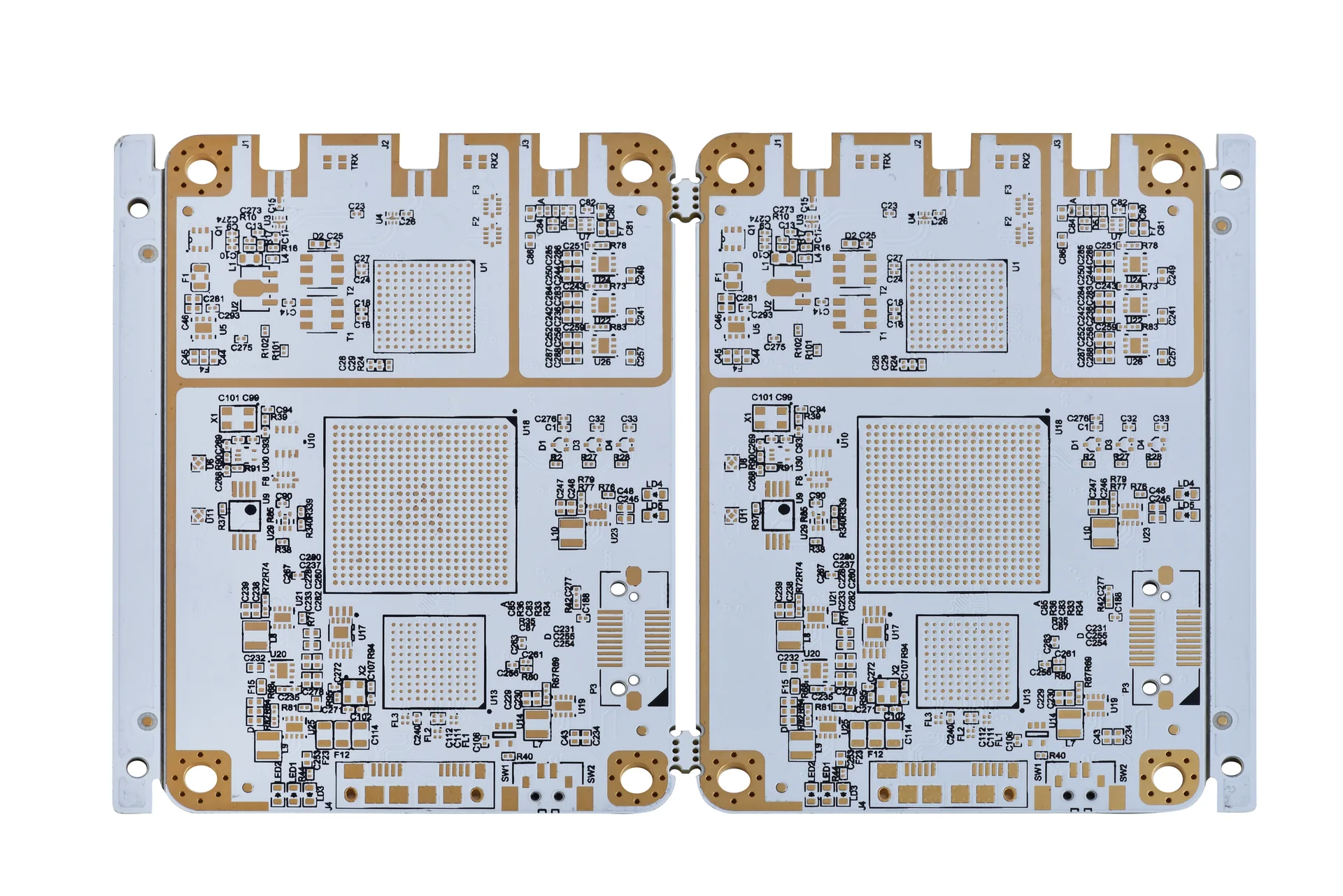 Two identical bare circuit boards arranged in a manufacturing panel.