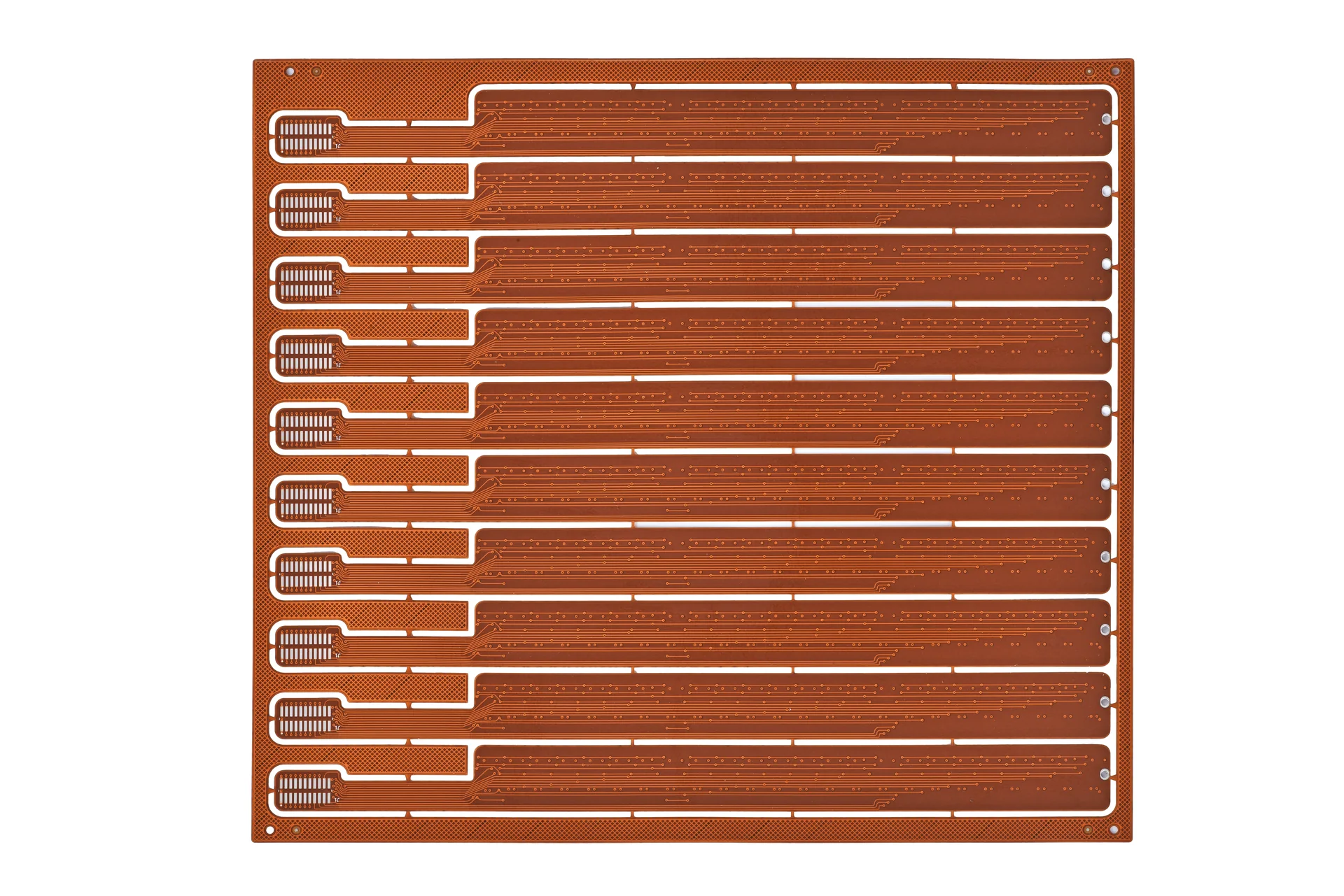 a flexible circuit panel with long routed tails and exposed contact fingers A flexible circuit panel with long routed tails and exposed contact fingers