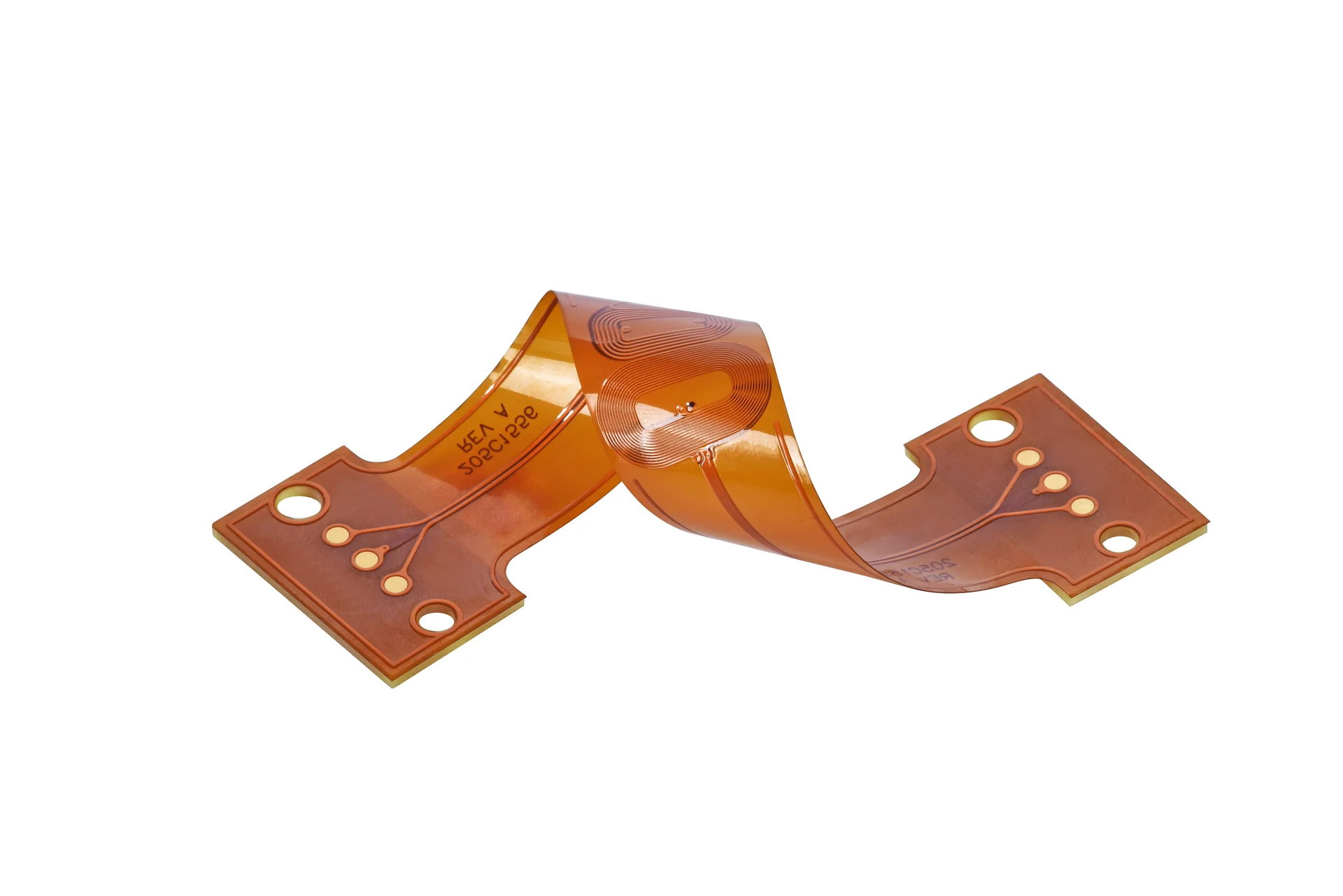 an amber flexible printed circuit formed into a raised loop between two flat ends. An amber flexible printed circuit formed into a raised loop between two flat ends.