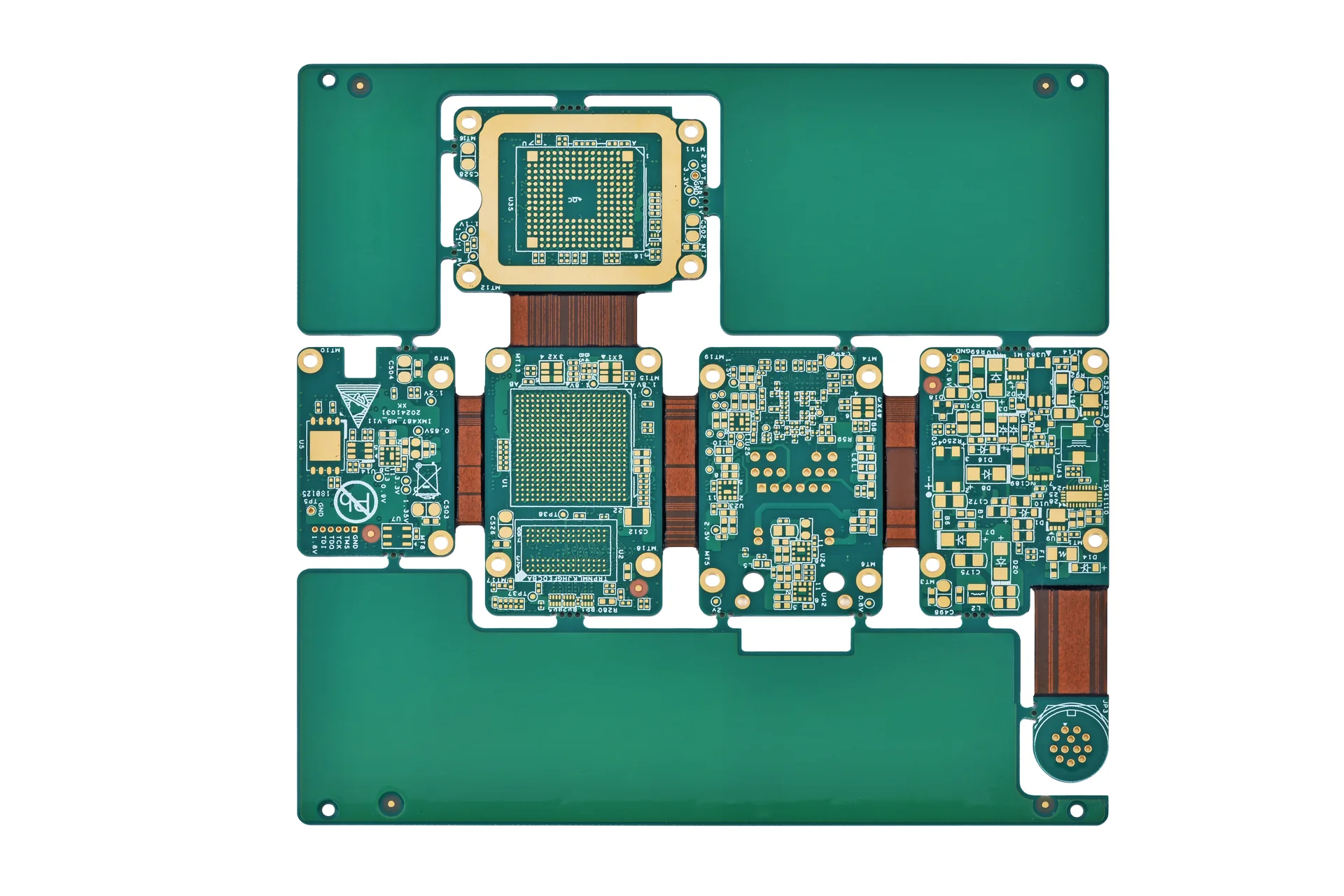 a rigid-flex pcb panel with green rigid sections connected by amber flexible sections. A rigid-flex PCB panel with green rigid sections connected by amber flexible sections.