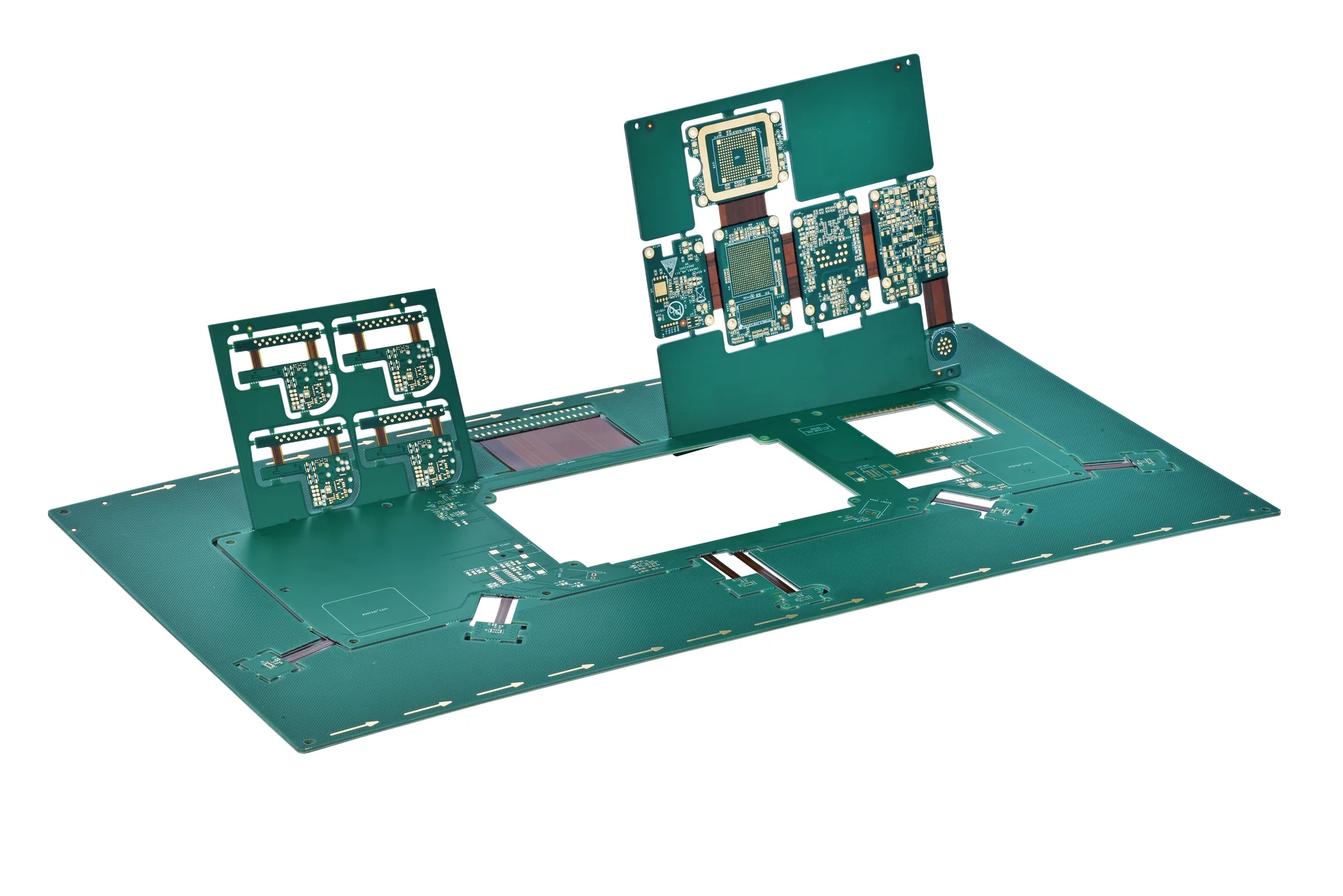 several rigid-flex pcb panels arranged to show rigid islands and flexible links. Several rigid-flex PCB panels arranged to show rigid islands and flexible links.