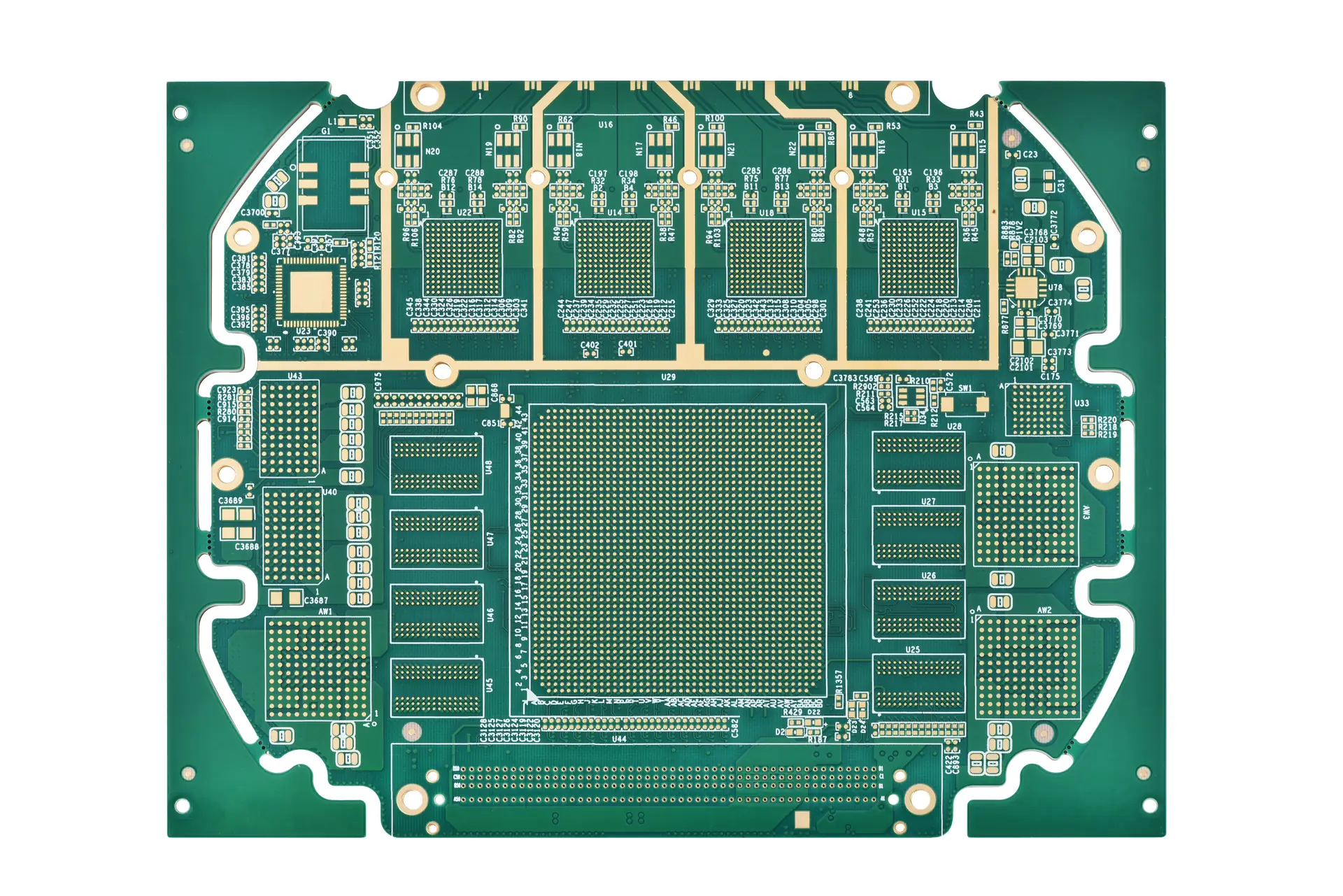 a multilayer pcb with dense bga land arrays, green solder mask and gold-colored pads. A multilayer PCB with dense BGA land arrays, green solder mask and gold-colored pads.