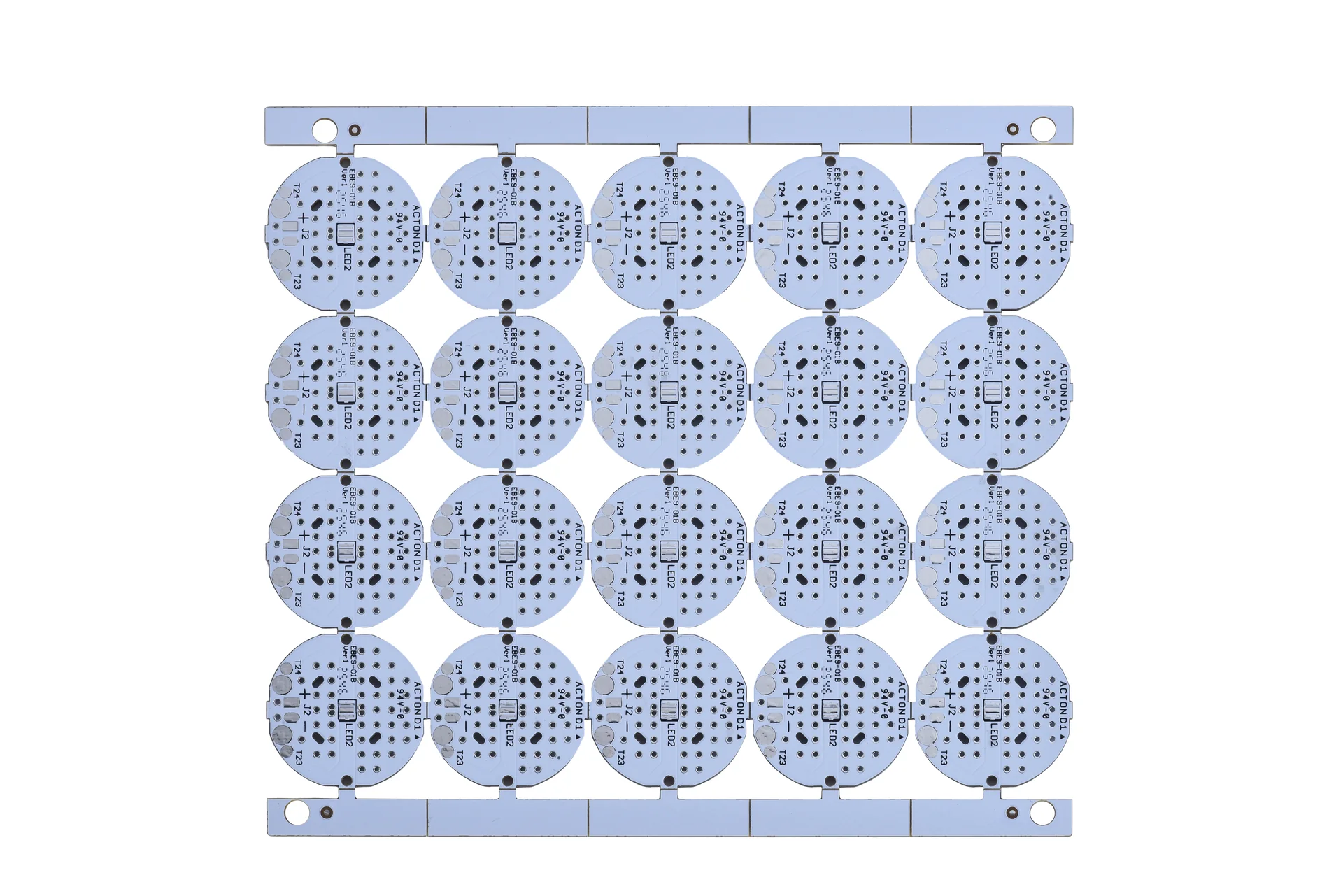 a panel of round aluminum-core circuit boards with white solder mask and led markings. A panel of round aluminum-core circuit boards with white solder mask and LED markings.