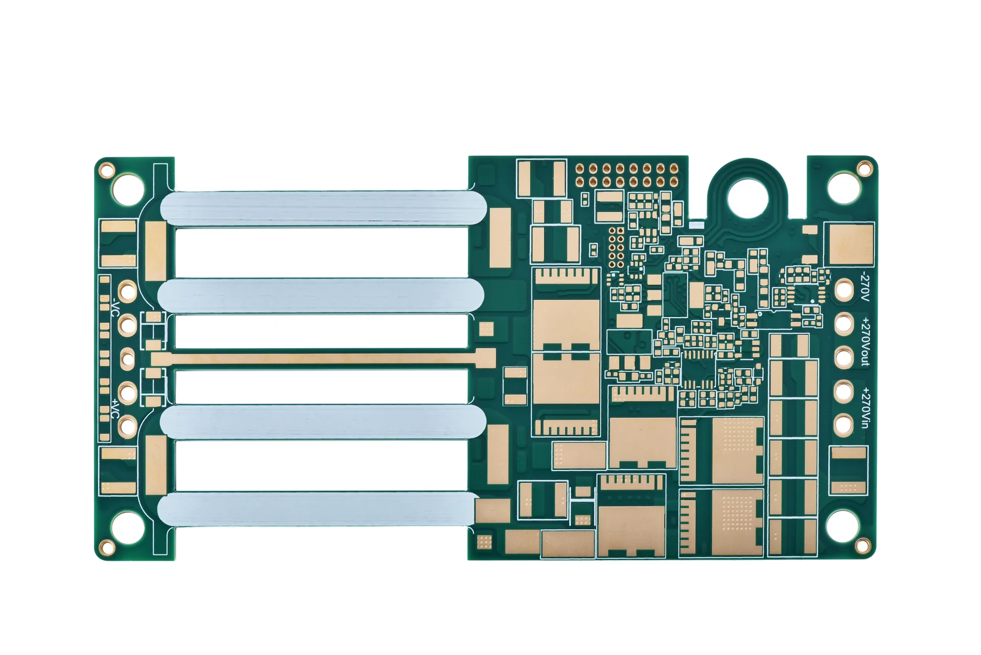 a bare circuit board with large metal areas, routed slots, and fine component lands. A bare circuit board with large metal areas, routed slots, and fine component lands.