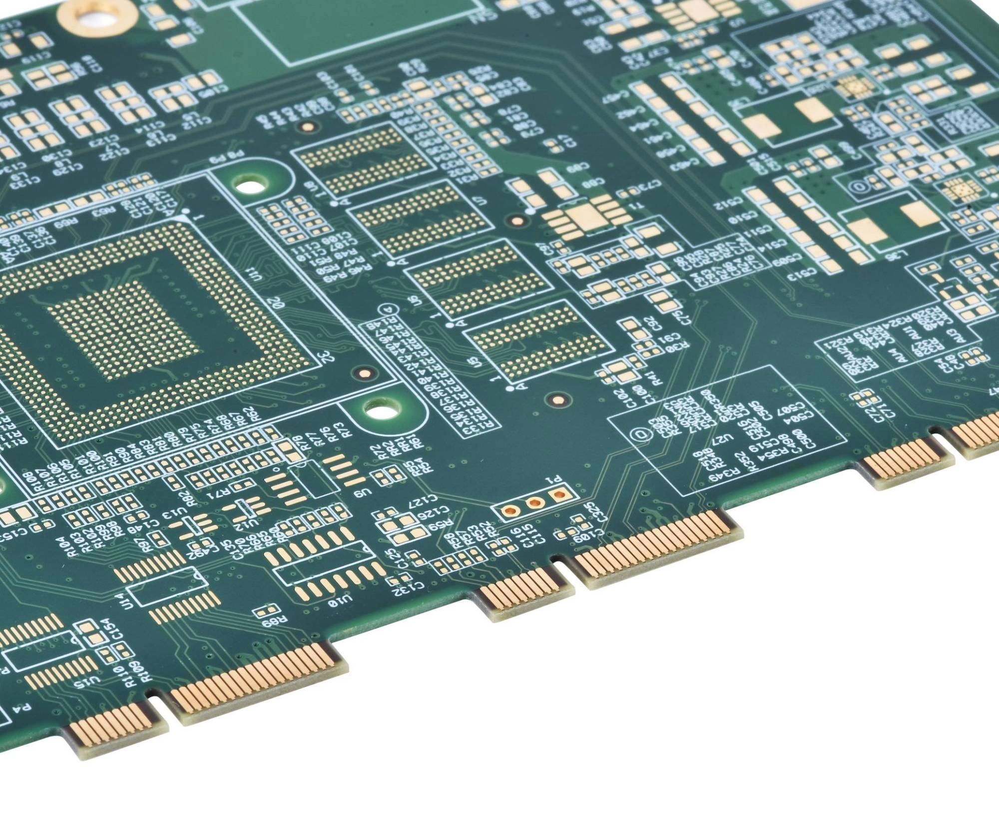 Close-up of a green PCB panel with fine traces, pads, and gold-colored edge contacts.