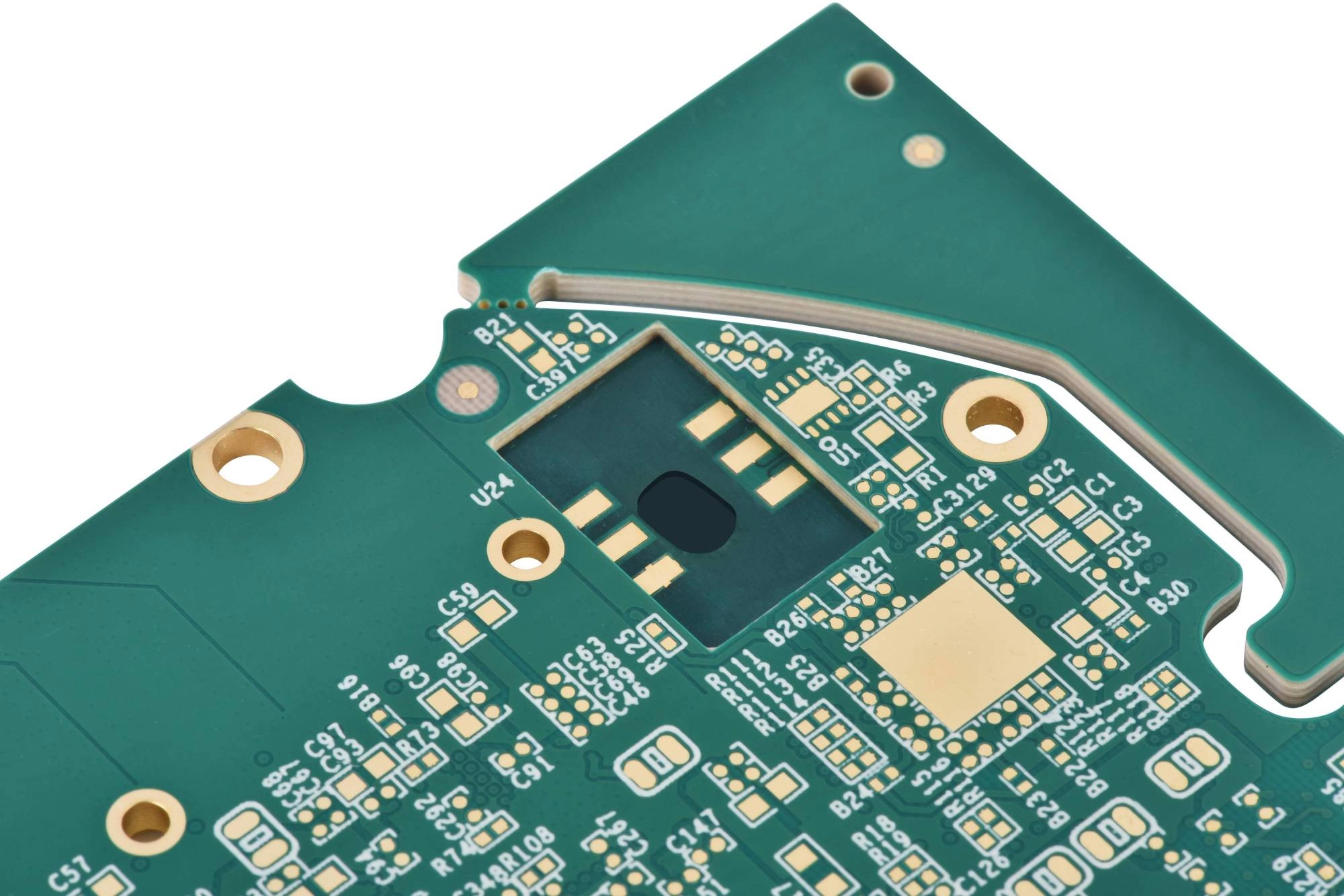 Green printed circuit board with patterned copper areas and several plated through-holes.