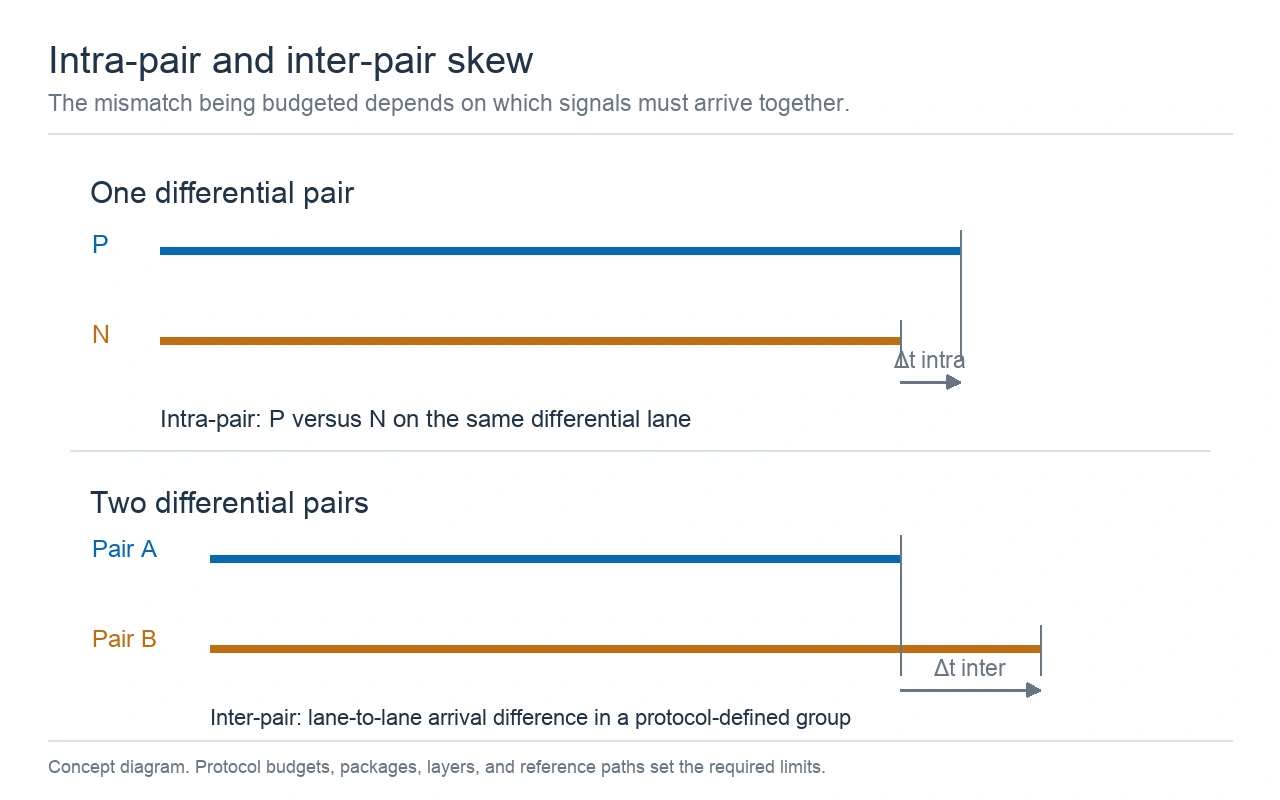 Concept diagram showing P-to-N intra-pair skew and arrival-time difference between two differential-pair lanes.