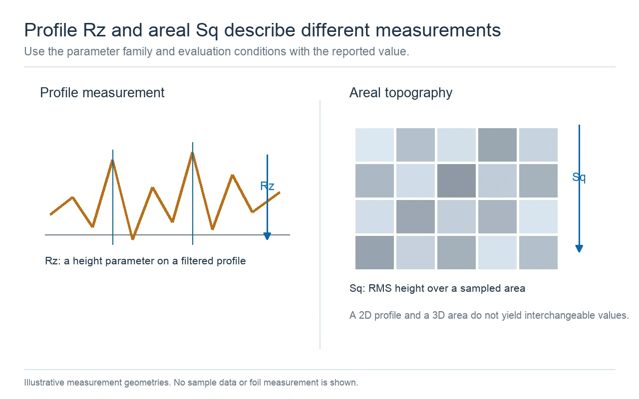 concept diagram comparing a one-dimensional rz profile-height measurement with an areal sq rms-height measurement. Concept diagram comparing a one-dimensional Rz profile-height measurement with an areal Sq RMS-height measurement.