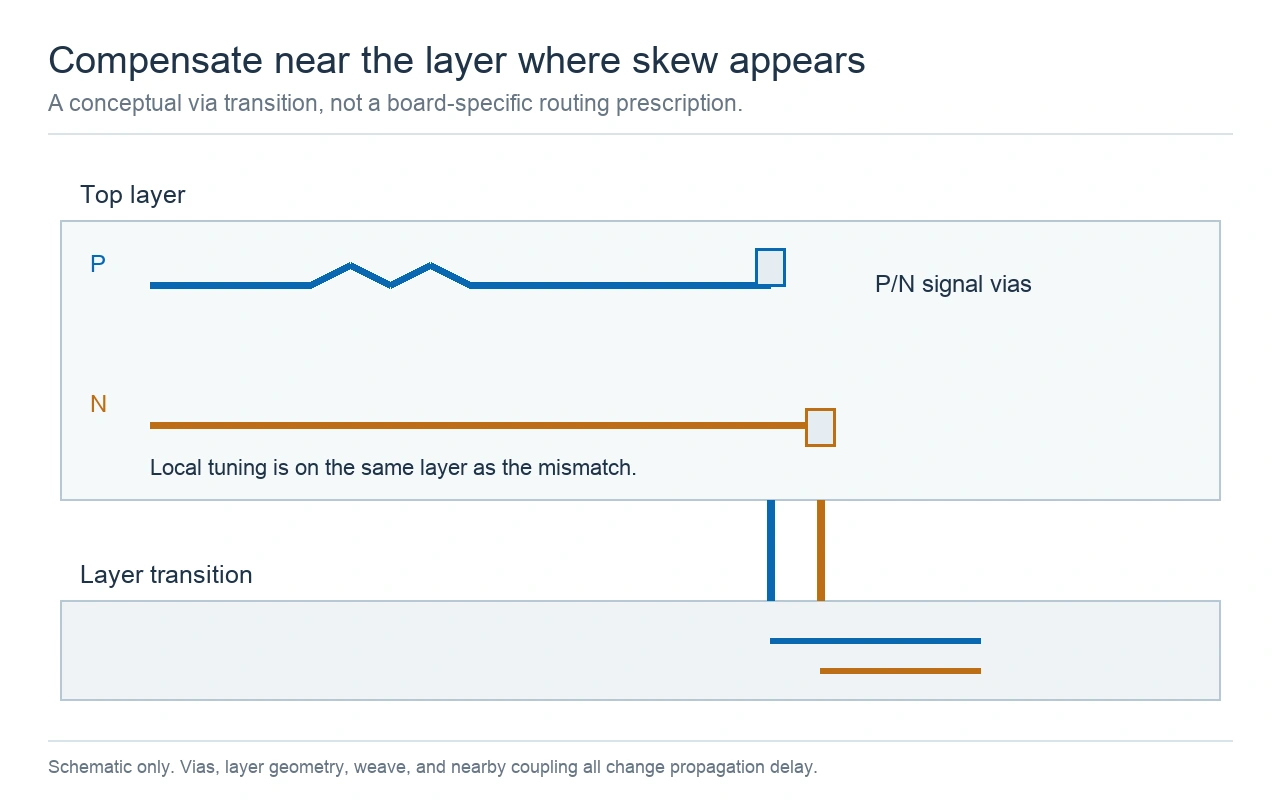 concept diagram of a local differential-pair tuning section on one copper layer before p and n signal vias. Concept diagram of a local differential-pair tuning section on one copper layer before P and N signal vias.
