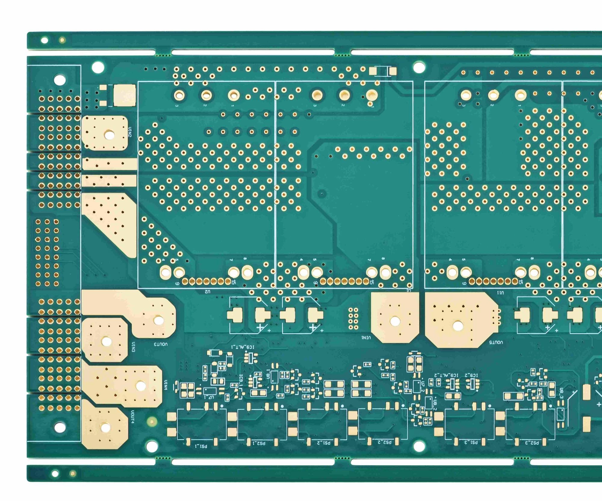 finished green multilayer pcb with dense etched copper features, pads, and plated holes. Finished green multilayer PCB with dense etched copper features, pads, and plated holes.