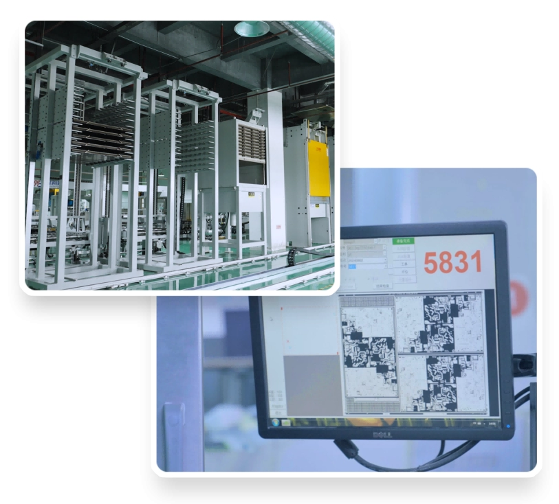 PCB lamination equipment and an AOI inspection screen in a production area.