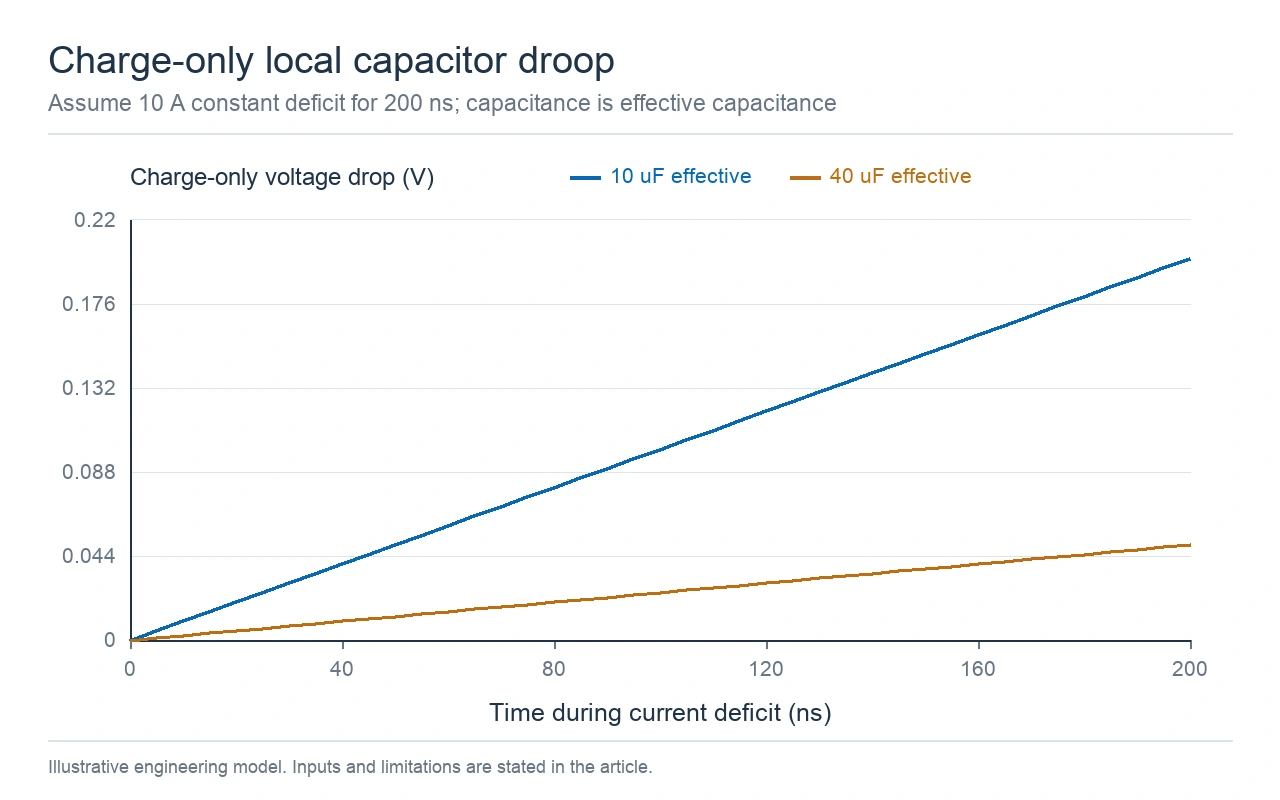 charge-only voltage-drop curves for 10 and 40 microfarads under a 10 a, 200 ns current deficit. Charge-only voltage-drop curves for 10 and 40 microfarads under a 10 A, 200 ns current deficit.